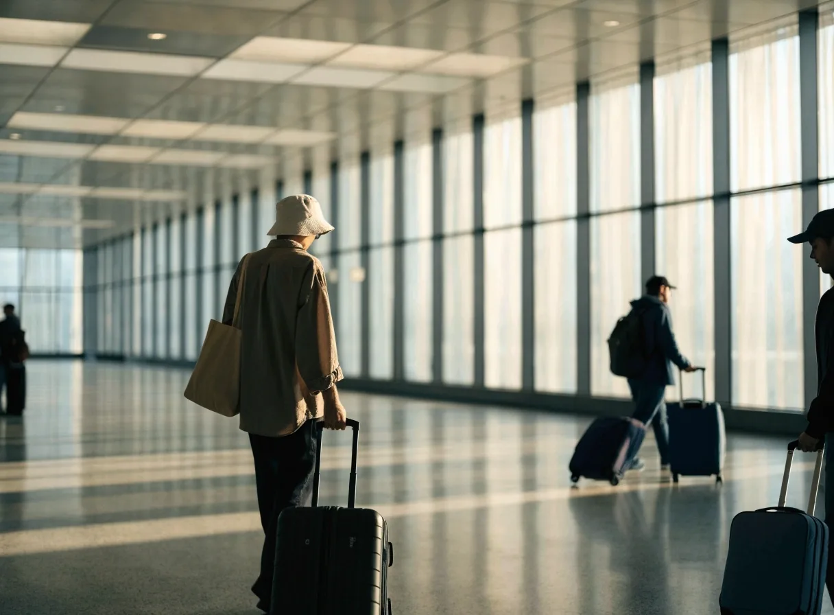 낮 공항 출국장에서 이동하는 여행자들